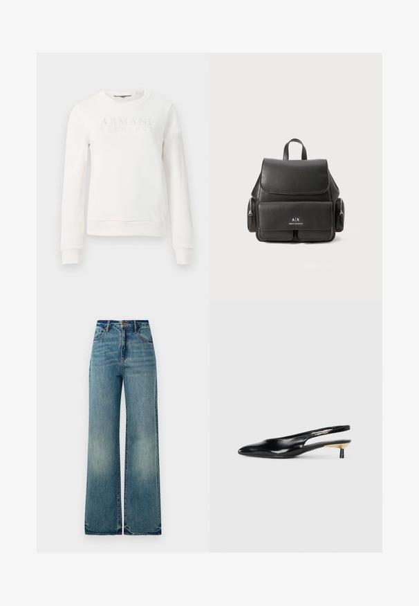 Valkoinen pyöreäkauluksinen collegepaita, joka on valmistettu pehmeästä materiaalista. Etupuolella kohoavalla kirjaimella varustettu logo "ARMANI EXCHANGE". Ribbaatut hihansuut ja helma.; Vaaleansiniset farkut, joissa on leveä lahje ja korkea vyötärö, viisi taskua ja hieman risaiset lahkeet, esittelevät tekstuuria ja haalistunutta pintaa.; Mustikka slingback-kengät, joissa on terävä kärki, kiiltävä nahkapinta ja pieni korko, jossa on kultainen yksityiskohta. Tyylikäs muotoilu avoimella takana.; Musta nahkareppu, jossa on läppä suljenta, etutasku, sivu vetoketjutaskut ja yläkahva. Edessä logo-detailit.