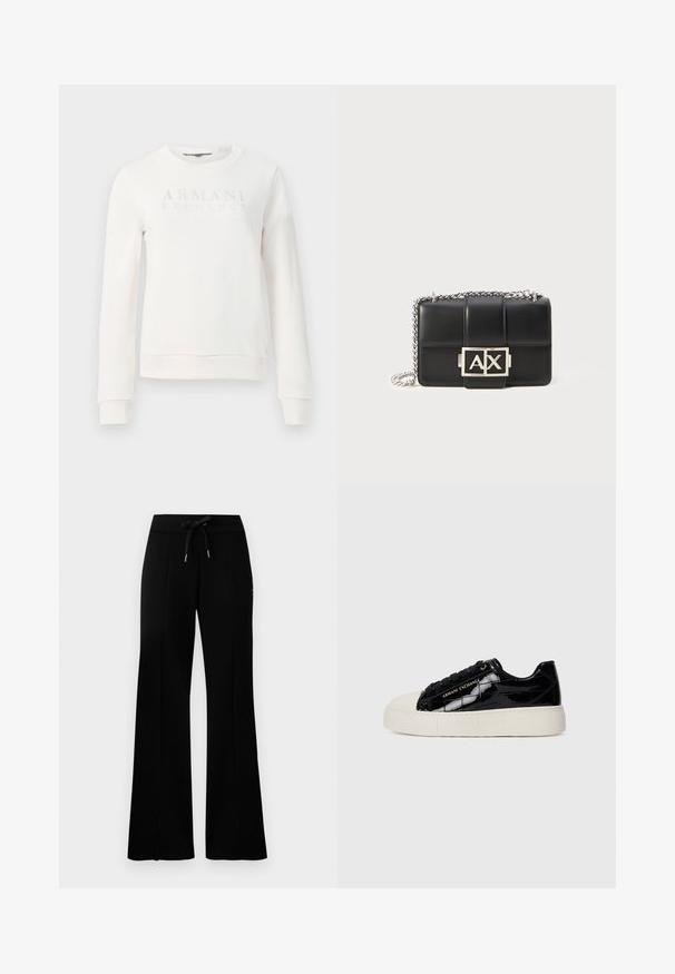 Witte crewneck sweatshirt van zacht materiaal, met een verhoogd letterlogo "ARMANI EXCHANGE" op de voorkant. Ribboord manchetten en zoom.; Zwarte brede sweatpants met een tailleband met veters, zijslitsaccenten, zachte stof en een strakke uitstraling.; Lage sneakers met een zwarte glanzende krokodillenprint, beige rubberen zool en teenkap, zwarte veters en gouden "Armani Exchange" branding op de zijkant.; Zwarte leren handtas met een quilted ontwerp, zilveren kettinghengsel en een opvallend zilveren "AX" logo aan de voorkant. Compacte rechthoekige vorm.