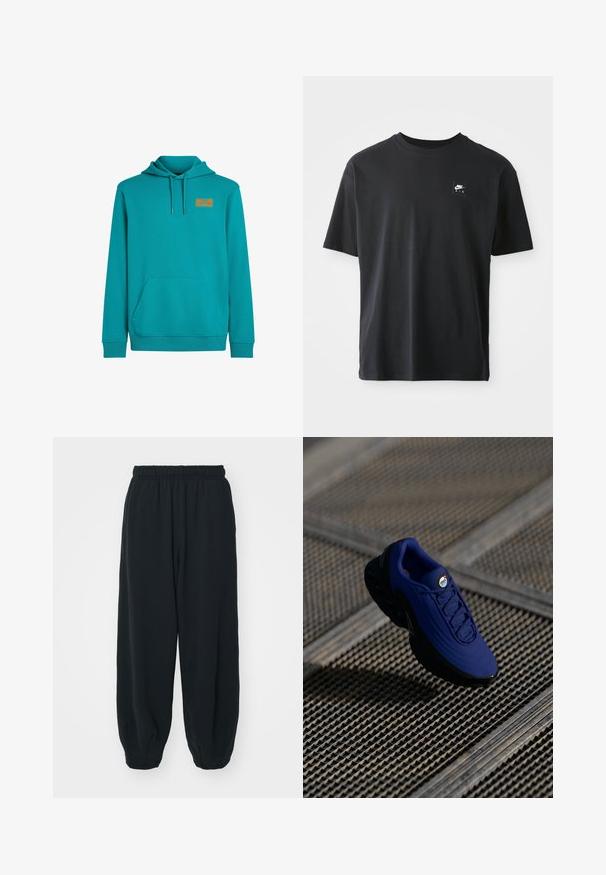 Turquoise hoodie met een voorzak, een capuchon met trekkoord en een klein oranje label op de borst. Zacht materiaal en geribbelde boorden.; Zwarte katoenen T-shirt met korte mouwen, ronde hals, met een klein rechthoekig logo met "NIKE AIR" in het wit op de linkerborst.; Zwarte, elastiche sweatpants met een losse pasvorm, manchetten aan de enkels, een zachte textuur en zonder zichtbare patronen of hardwareaccenten.; Blauwe sportschoen met een textuur bovenkant, zwarte zool en veters. Heeft "air" branding op de tong en zichtbare luchtkussenelementen.