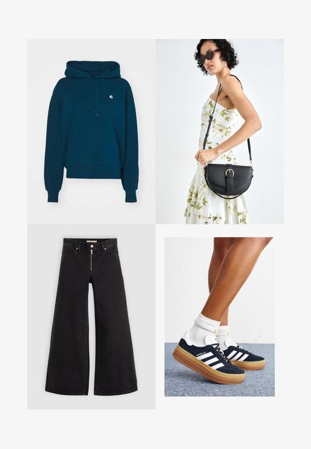 Mornarica plava dukserica s kapuljačom na vezanje, kengur džepom, rebrastim manžetama i donjim rubom; sadrži mali logo na prsnom džepu.; Široke traperice od crnog denima s prednjim zatvaračem, dizajnom s pet džepova i suptilnim detaljima šivanja. Glatka tekstura i ležeran stil.; Crne tenisice od brušene kože s bijelim prugama i detaljima, okruglim vrhom, gumeni potplat boje gume, uparene s bijelim rebrastim čarapama.; Crna kožna torba s lukovitim oblikom, odvojivim remenom i zlatnim detaljima. Torba ima preklop s kopčom.