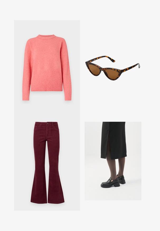 American Eagle CLASSIC CREW SHAKER - Pulover - coral; Burgundske kordurojske hlače s širokimi hlačnicami, petimi žepi, sprednjim zapiranjem na gumb in teksturirano tkanino. Široke noge se razširijo od kolena do roba.; Črne usnjene čevlje s zaobljenim prstom, debelim blokastim petama in elastičnimi stranskimi detajli, v kombinaciji s temno nogavicami in črno krilo z razporkom.; Mačje oči sončna očala z okvirom v črno-oranžni želvej ohišji, rjavimi lečami in elegantnimi, ostrimi konicami. Imajo minimalistični logo na ročaju.