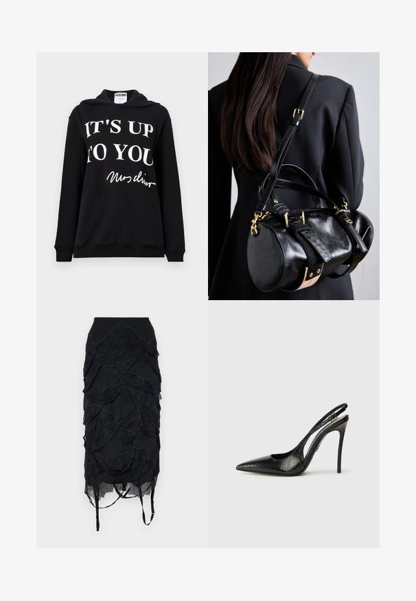 Fekete kapucnis pulóver pamut keverékből, rajta feltűnő fehér szöveggel: "Rólad Szól" és egy aláírás. Normál fazon, húzózsinórral ellátott kapucnival.; Fekete szoknya rétegezett csipkével, testhezálló derékkal és állítható pántokkal. A dizájn hullámszerű mintázattal rendelkezik.; Fekete slingback magassarkú cipő hegyes orral, textúrált kígyómintával, stiletto sarokkal, és díszes csattal a pánton.; Fekete bőr kézitáska lekerekített formával, aranyhardverrel és állítható pántokkal. Texturált fekete bőr és bézs részletek díszítik.