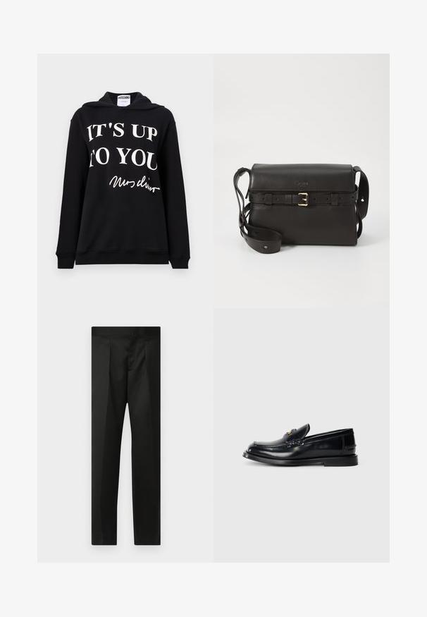 Felpa nera con cappuccio in misto cotone, caratterizzata da bold testo bianco "TOCCA A TE" e una firma. Vestibilità regolare con cappuccio regolabile.; Pantaloni neri realizzati in un tessuto morbido, design su misura, gambe dritte e una vita piatta senza chiusure o tasche visibili.; Mocassino in pelle nera con un design cucito, una piccola linguetta anteriore e una suola in gomma piatta. Texture liscia con dettagli in metallo dorato.; Borsa a tracolla nera in pelle con forma strutturata. Presenta un'accessorio con fibbia dorata, tracolla regolabile e una superficie liscia. Design minimalista.