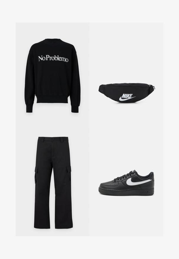 Black sweatshirt, crew neck, featuring white text “NoProblemo” across the chest. Ribbed cuffs and hem, soft fabric texture.; Black cargo pants with a straight leg design. Made from durable fabric, featuring two side pockets with flap closures and a button fly.; Black Nike Air Force 1 sneakers with a smooth leather upper, white logo accent, perforated toe, and textured rubber sole.; Black nylon fanny pack with a zippered closure, featuring a large white Nike logo. Smooth texture and ergonomic design for comfortable wear.