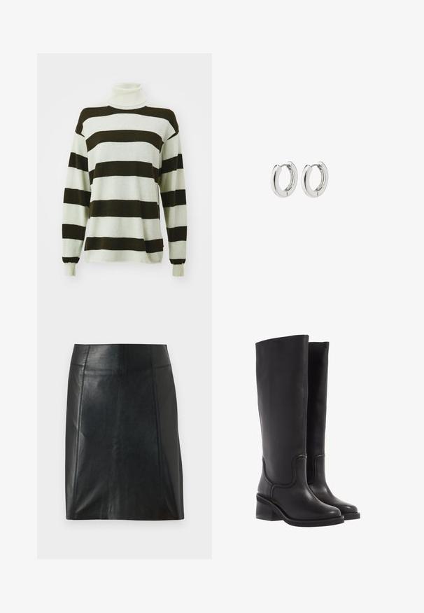 Gestreifter Pullover mit breiten dunkelbraunen und hellgrauen Streifen, Rollkragen-Design, langen Ärmeln und weicher Textur.; Schwarzer Lederrock mit taillierter Passform. Glatte Textur, Nähte, die die Form betonen, und ein gerader Saum. Minimalistische und elegante Optik.; Schwarze Lederstiefel bis zum Knie mit glatter Textur, abgerundeter Spitze und klobigem Absatz. Mit dezenten Nähten und einem schlanken Design.; Silberne Creolen mit einem polierten Finish, die ein kreisförmiges Design und nahtlose Scharniere aufweisen und eine glatte Textur präsentieren.