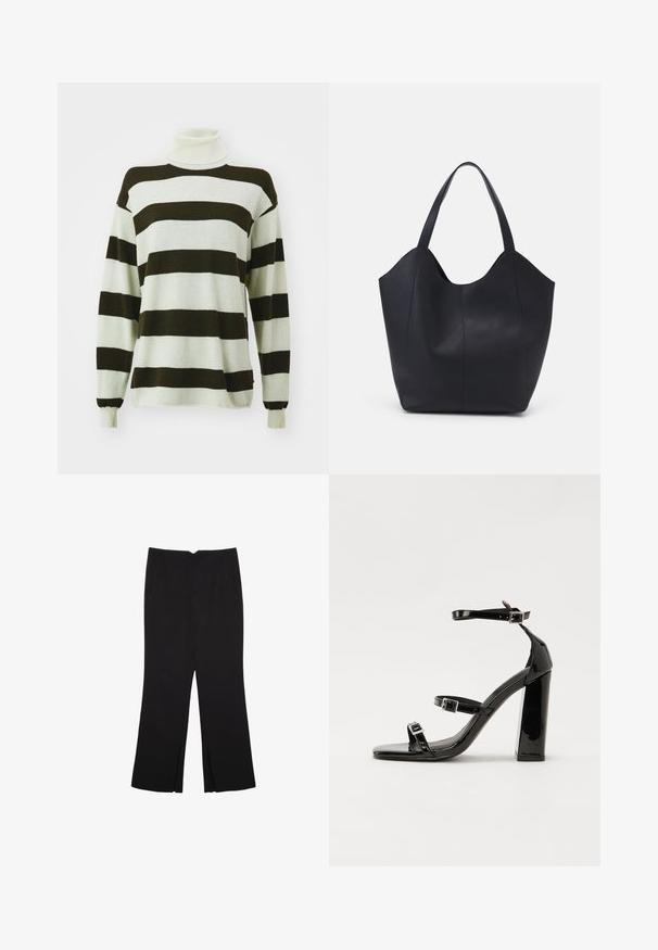 Gestreifter Pullover mit breiten dunkelbraunen und hellgrauen Streifen, Rollkragen-Design, langen Ärmeln und weicher Textur.; Schwarze Hose mit geradem Schnitt, ausgestattet mit Fronttaschen und Seitenschlitzen am Saum. Hergestellt aus weichem, glattem Stoff. Geeignet für verschiedene Anlässe.; Schwarze patentierte Sandalen mit Absatz, quadratischer Spitze, Knöchelriemen und silbernen Schnallen. Mit einem stabilen Blockabsatz für mehr Stabilität.; Schwarze Tote-Bag aus glattem Leder, mit einem abgerundeten, offenen Oberteil, zwei Schulterträgern und einem minimalistischen Design.