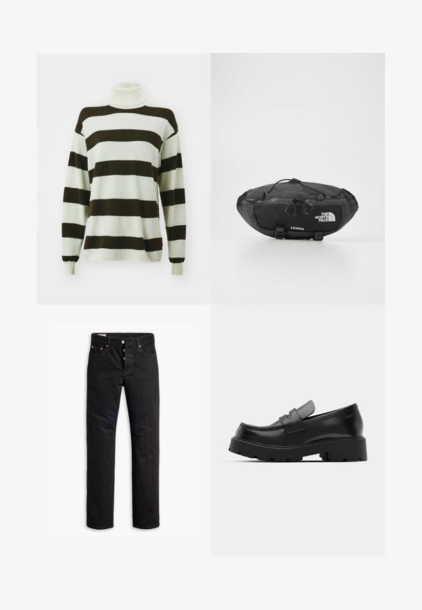 Sweater listado com largas riscas castanho-escuro e cinza-claro, design de gola alta, mangas longas e textura suave.; Jeans de denim pretos com corte reto, design de cinco bolsos e fecho com botão. Apresenta rebites de cobre e detalhes na costura.; Sapatos loafers de couro preto com uma sola texturizada grossa, apresentando uma faixa sobre o peito do pé e um acabamento liso e polido.; The North Face TERRA LUMBAR 3L UNISEX - Bolsa de cintura - asphalt grey/black