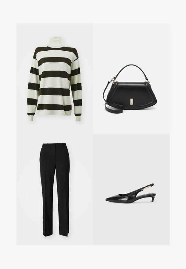 Randig tröja med breda mörkbruna och ljusgrå ränder, design med hög krage, långa ärmar och mjukt material.; Svarta skräddarsydda byxor med rak benform, med en slät yta och skarpa veck fram. Ingen synlig hårdvara.; Svart läder slingback-hälar med spetsig tå, med en smal klack och en guldtonad detalj på den justerbara remmen. Slät textur.; Svart läderhandväska med en strukturerad design, som har en avskuren form, ett handtag upptill och guldiga detaljer. Justerbar axelrem ingår.