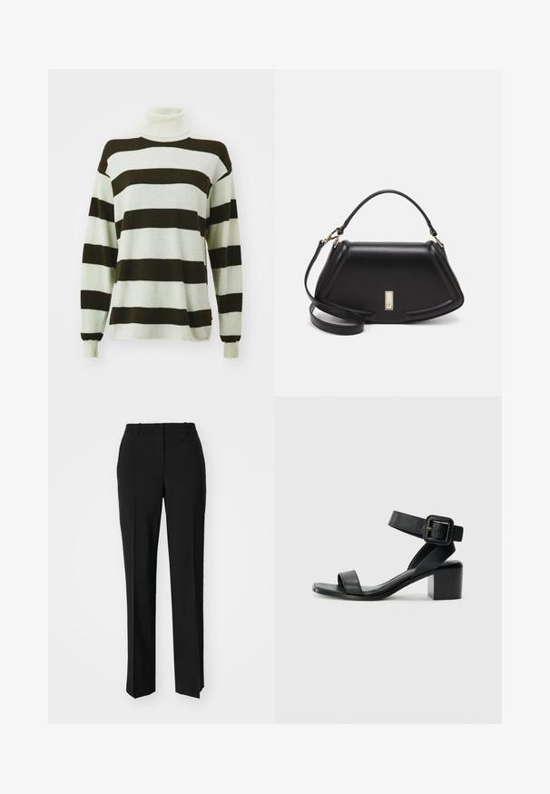 Pulover rayat cu dungi late de culoare maro închis și gri deschis, design cu guler înalt, mâneci lungi și textură moale.; Pantaloni negri tailor-ed cu un design drept, având o textură fină și cute clare pe față. Fără elemente de prindere vizibile.; Sandale cu toc din piele neagră, cu bareta de gleznă ajustabilă, design cu vârf deschis și toc pătrat. Textură netedă, stil minimal. ; Geantă de umăr din piele neagră, cu un design structurat, având o formă tăiată, mânere superioare și accente din aur. Include o curea de umăr ajustabilă.