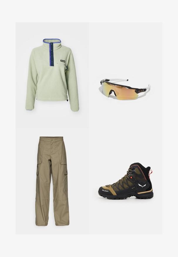 Columbia HELVETIA™ II CROPPED HALF SNAP - Flisinis džemperis - safari; Alyvuogių žalios spalvos cargo kelnės, pasižyminčios laisvu siluetu, keliais šoninėmis kišenėmis ir sagčių uždarymu juosmens srityje. Lygi tekstūra.; Vidutinio aukščio žygio batai juodos ir alyvuogių spalvos, su tinklo viršumi, guminėmis padais ir tekstūruotomis detalėmis bei galine traukimo juostele.; Akiniai nuo saulės su juodai balta rėmu, dideliais veidrodiniais objektyvais auksinėmis ir rožinėmis atspalviais, aerodinaminis dizainas ir išplėstas išorinis rėmelis.