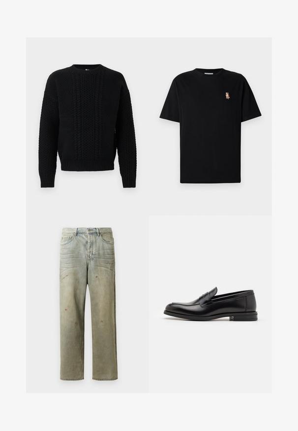 Zwarte gebreide trui met kabel- en wafeltjespatronen, ronde hals, lange mouwen en geribde boorden en zoom.; Zwarte korte mouwen t-shirt met ronde hals, met een klein geborduurd oranje vossenlogo op de linkerborst.; Verweerde denim jeans in lichtgroen, met een rechte pijp, vijf-pocket ontwerp en ongelijkmatige vervaging met verfspatten.; Zwarte leren instappers met een gladde textuur, ronde neus en een decoratieve band over de wreef. Lage, gestapelde hak en minimalistisch ontwerp.