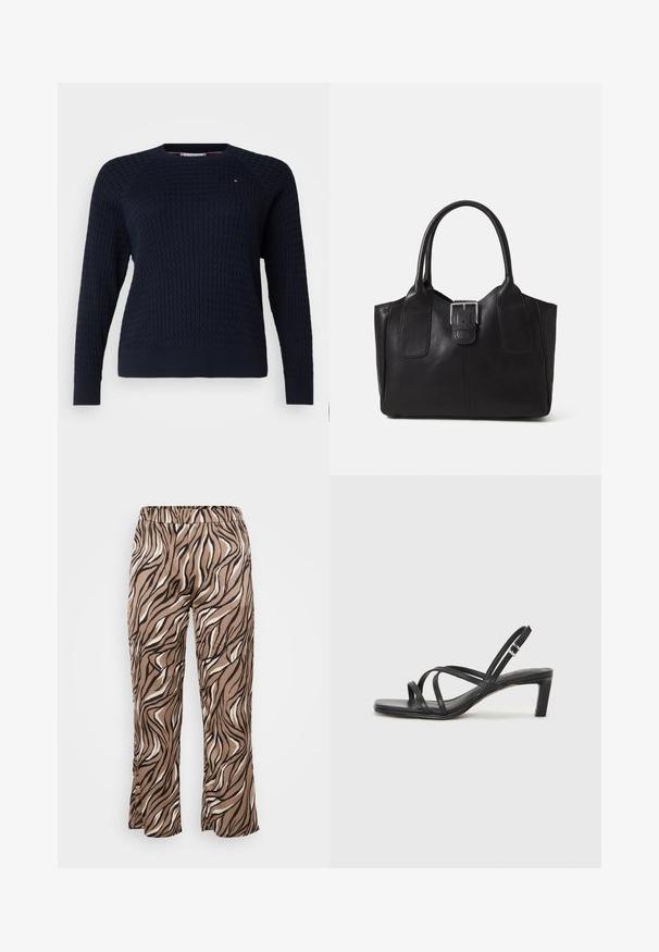 Tommy Hilfiger Curve CABLE - Jumper - desert sky; Brown and cream zebra-print trousers with an elastic waistband, featuring a wide-leg design and smooth fabric texture.; Black strappy sandal with a square toe and a low block heel. Features multiple thin straps and an adjustable ankle strap. Made of smooth leather.; Black leather tote bag with smooth texture, structured shape, two handles, and a prominent silver buckle detail on the front.
