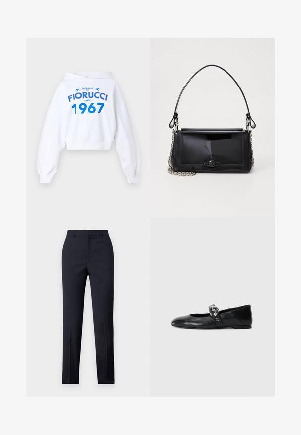 White cropped hoodie with long sleeves, featuring blue and red text design: "DREAMING OF FIORUCCI SINCE 1967" and two blue accents.; Navy tailored trousers with a straight cut, featuring a smooth texture, two front pockets, and a clean waistband.; Black leather ballet flats with a pointed toe, featuring a strap with a circular metallic buckle and a flat sole.; Black patent leather handbag with a rectangular shape, chain strap, and a distinctive hardware accent in the center. Smooth texture.
