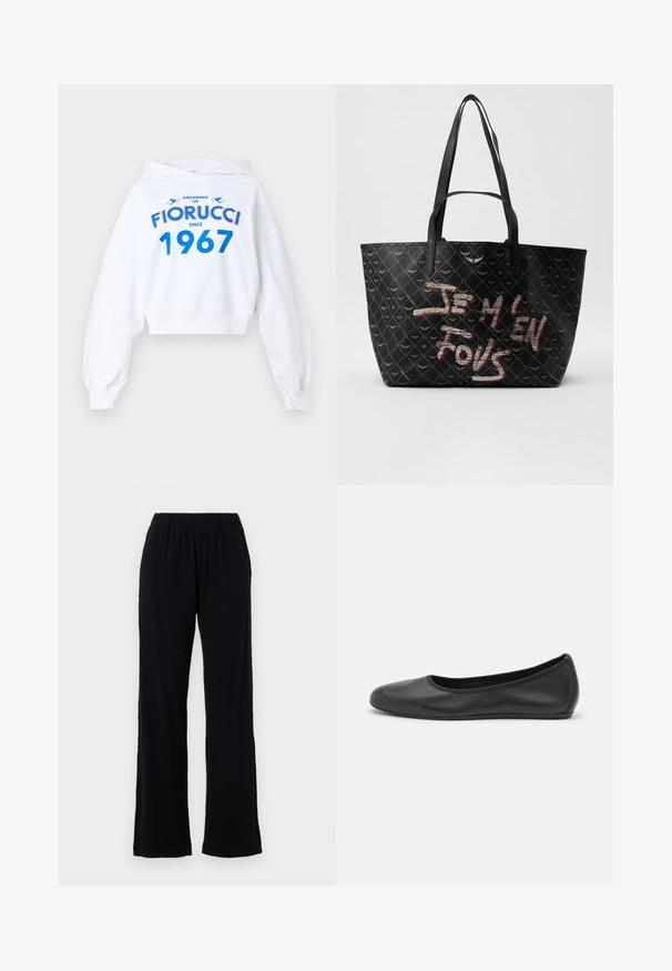 Biała krótka bluza z długimi rękawami, z niebieskim i czerwonym nadrukiem: "MARZENIE O FIORUCCI OD 1967" i dwoma niebieskimi akcentami.; Czarne, lekkie spodnie z elastycznym pasem i prostym krojem nogawek. Miękka tekstura, bez widocznych wzorów czy akcentów. Prosty i uniwersalny styl.; Czarne skórzane baletki z zaokrąglonym noskiem, gładką fakturą, minimalnymi przeszyciami i elastycznym designem podeszwy.; Czarna torba tote z teksturowanym materiałem, ozdobiona wzorem w diamenty, z ramiączkami na ramię oraz wyraźnym tekstem w kolorze czerwonym i białym, brzmiącym "JE M'EN FOUS."