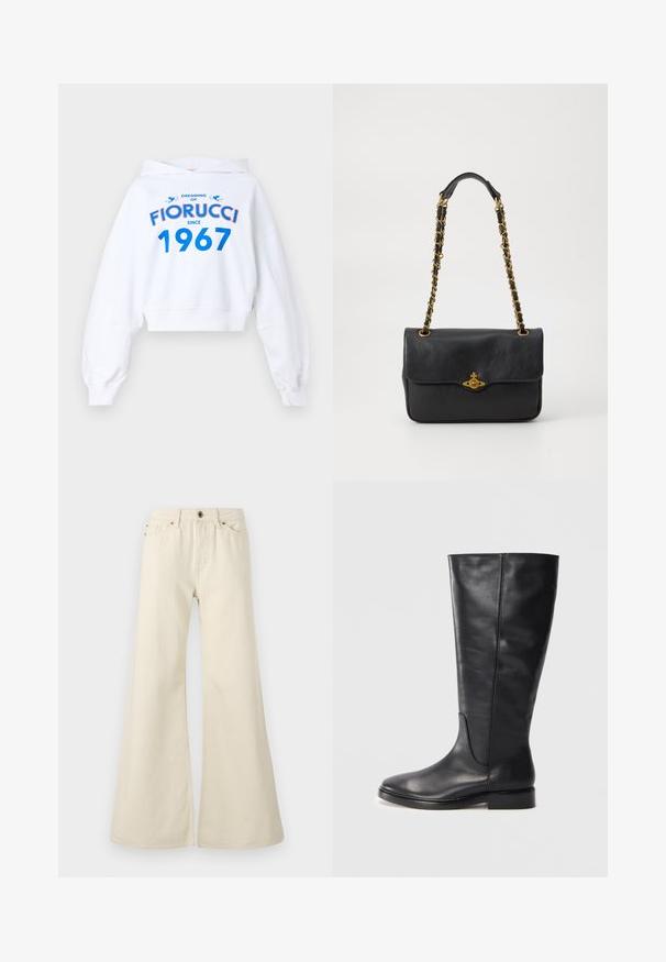 Sudadera corta blanca con mangas largas, que presenta un diseño de texto en azul y rojo: "SOÑANDO CON FIORUCCI DESDE 1967" y dos acentos azules.; Jeans acampanados de color beige claro, fabricados en algodón. Presentan una cintura alta, cinco bolsillos y un cierre de botón con detalles de costura en contraste.; Bota de cuero negra hasta la rodilla con un tacón bajo y punta redondeada, mostrando detalles de costura a lo largo del eje y el empeine.; Bolso de cuero negro con solapa plegable, cadena en tono dorado y detalle de hardware con logo en la parte frontal. Textura suave.