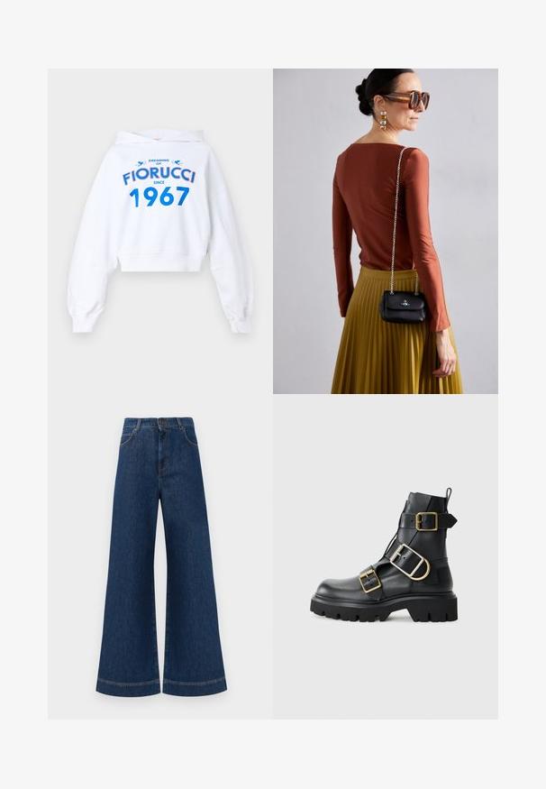 White cropped hoodie with long sleeves, featuring blue and red text design: "DREAMING OF FIORUCCI SINCE 1967" and two blue accents.; Wide-leg blue denim jeans with a high waist, featuring a button closure, belt loops, and subtle stitching details along the pockets and hems.; Black leather ankle boot with chunky sole, featuring multiple straps and gold hardware accents. Smooth texture, rugged design.; Vivienne Westwood SMALL PURSE CHAIN - Cross body bag - black