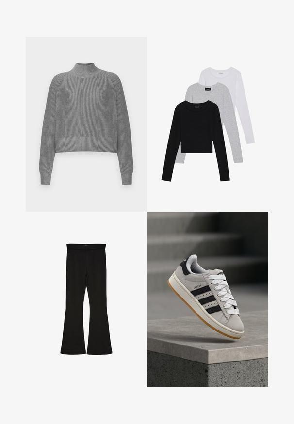 Gray ribbed sweater with a high neckline, dropped shoulders, and long sleeves. Features a textured knit and a cropped hem.; Three long-sleeve tops stacked: black, grey, and white. Each has a round neckline and a cropped design with smooth, lightweight fabric.; Black flare leggings made from stretchy fabric. Features a wide waistband and a smooth texture, with a fitted silhouette that flares at the hem.; Gray Adidas Campus sneaker with black stripes and white laces floating above a concrete ledge with stairs in the background.