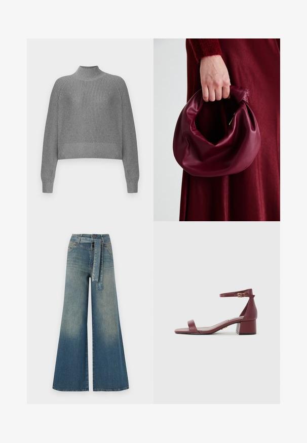 Pilkas raukšlėtas megztinis su aukštu kaklu, nuleistomis petnešomis ir ilgomis rankovėmis. Turi tekstūruotą mezginį ir trumpą hemą.; Platus džinsinis kelnes su šviesiai tamsiai mėlynu gradientu, aukštu juosmeniu, diržo kilpomis ir atitinkančiu audinio diržu. Textūruotas džinsinis paviršius.; Burgundi odinė šlepetė su kvadratiniu pirštu, plona kulkšnies juosta, auksiniais akcentais ir stambiu blokiniu kulnu. Lygus paviršius ir minimalistinis dizainas.; Bordo odinė rankinė su minkštu, susiraukšlėjusiu dizainu ir apvalia forma. Rankena yra tvirtai pritvirtinta, atskleidžianti lygią tekstūrą.