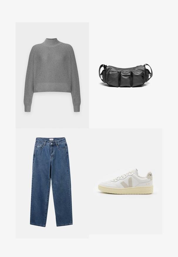 Siva žametan pulover s visokim ovratnikom, spuštenimi rameni in dolgimi rokavi. Ima teksturirano pletenje in skrajšan rob.; Klasične modre jeans hlače s ravnim krojem, petimi žepi in gumbom za zapiranje. Imajo srednje pranje in trdno teksturo.; Bela usnjena tenisača z bež semiš poudarki, perforiranim prednjim delom, ravnimi vezalkami in strukturiranim kremnim podplatom. Ima diskretno blagovno znamko na peti.; Črna usnjena torba čez ramo z teksturirano površino. Ima tri zunanje žepe in nastavljiv trak. Kompaktna, zaobljena oblika.