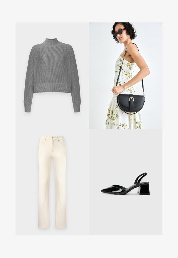 Gray ribbed sweater with a high neckline, dropped shoulders, and long sleeves. Features a textured knit and a cropped hem.; Beige denim jeans with a classic straight-leg design. Features five pockets, a zip fly, and subtle stitching along seams.; Black patent leather slingback heels with a pointed toe and a geometric block heel. Features a sleek, minimal design and smooth texture.; Black leather handbag with a curved shape, detachable strap, and gold hardware. The bag features a flap with a buckle detail.