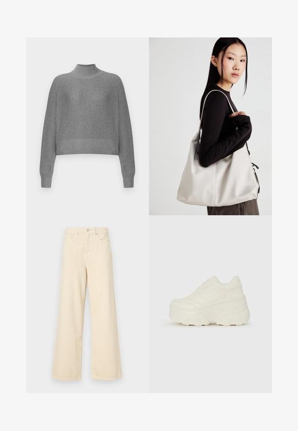 Gray ribbed sweater with a high neckline, dropped shoulders, and long sleeves. Features a textured knit and a cropped hem.; Beige wide-leg jeans made of cotton. Features a button closure, belt loops, and front pockets with a smooth, soft texture.; White platform sneakers featuring a smooth leather-like upper, rounded shape, padded collar, and textured rubber sole with defined treads.; Beige handbag made of soft material, featuring a slouchy design, stitched detailing, and two shoulder straps. Suitable for everyday use.