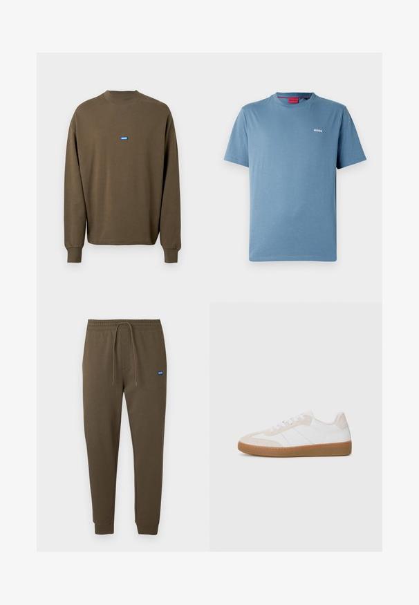 Bruine sweat met lange mouwen, geribbelde halslijn en manchetten. Heeft een blauw rechthoekig logoplaatje op de borst. Zacht katoenmateriaal.; Blauw T-shirt met korte mouwen en ronde hals, met een klein wit "HUGO" logo op de linkerborst en een rood label aan de binnenkant van de kraag.; Donkergroene sweatpants met een elastische tailleband, trekkoord, zijzakken en geribbelde boorden. Kleine blauwe logopatch aan de linkerkant.; Witte en beige sneaker met suede en leren elementen. Beschikt over een rubberen zool, een vetersluiting en minimalistische zijstrepen.