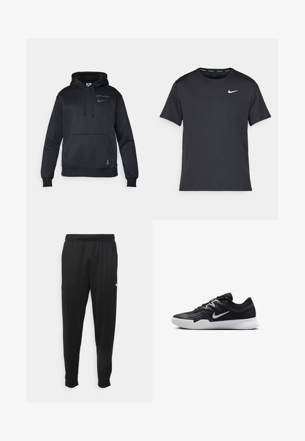 Sort Nike hettegenser med snor i hetta, logo på brystet, kengurulomme, ribbestrikket mansjetter og bunnkant, laget av myk, glatt stoff.; Svart Nike løpe-T-skjorte laget av lett, pustende stoff, med korte ermer og en liten hvit logo på brystet.; Svarte treningsbukser laget av glatt stoff, med elastisk midje, smale ben og en liten hvit logo på venstre side.; Svart treningssko med teksturert overdel, hvit Nike-swoosh og hvit gummisåle. Har snøring og en dynamisk form.