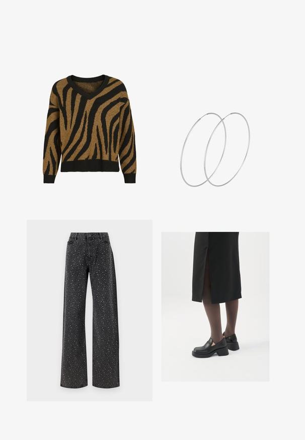 VILA VICILIA - Svetr - black; Noisy May NMJANNEL LOOSE - Džíny Relaxed Fit - black denim; Černé kožené boty s kulatou špičkou, silným blokovým podpatkem a elastickými bočními akcenty, spárované s tmavými punčochami a černou sukní se rozparkem.; Stříbrné kruhové náušnice s minimalistickým designem. Kruh, hladký povrch a tenký profil. Lehká konstrukce s lesklým povrchem.