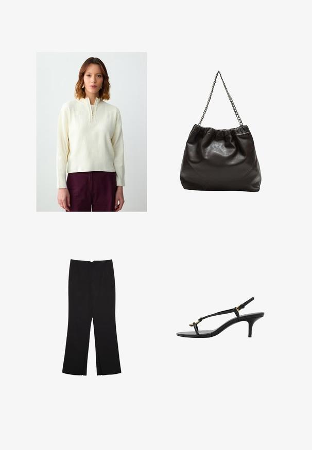 Cremfarbener gerippter Pullover mit einem Viertelreißverschluss vorne, langen Ärmeln und einer lockeren Passform. Kombiniert mit tiefburgunderfarbenen Hosen.; Schwarze Hose mit geradem Schnitt, ausgestattet mit Fronttaschen und Seitenschlitzen am Saum. Hergestellt aus weichem, glattem Stoff. Geeignet für verschiedene Anlässe.; Schwarze Leder-Kitten-Heel-Sandale mit dünnen Riemen, goldener Schnalle und minimalistischer Zehen-Schlaufe vor einem weißen Hintergrund.; Braune Lederhandtasche mit gerafftem Oberteil und Kettenriemen. Glatte Textur mit glänzendem Finish und subtilen Nahtdetails an den Seiten.