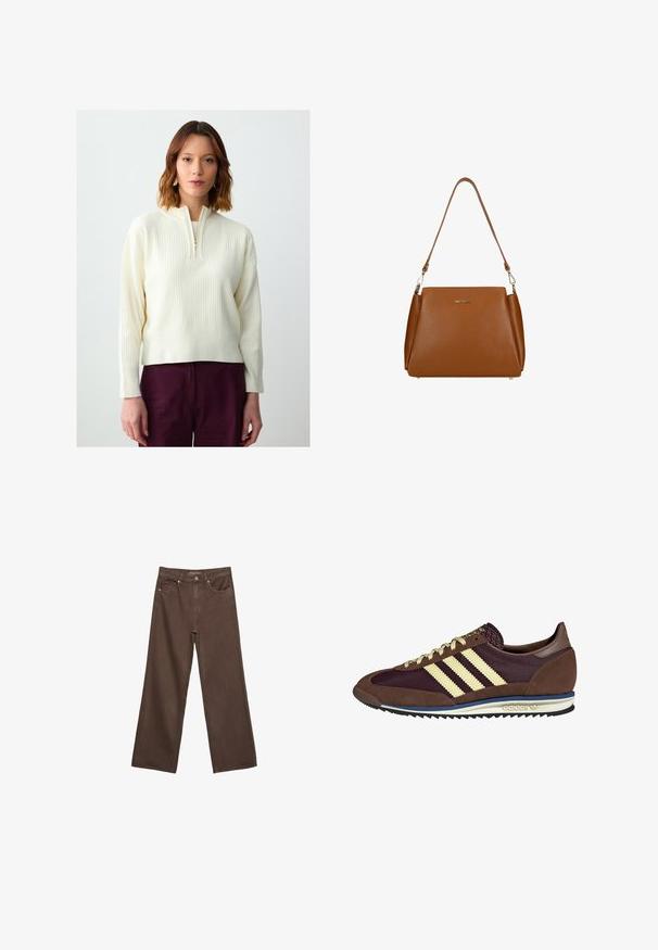 Kremowy prążkowany pulower z zamkiem błyskawicznym na ćwierć długości z przodu, długimi rękawami i luźnym krojem. Stylizowany z głęboko burgundowymi spodniami.; Szerokie brązowe dżinsy wykonane z denimu, z wysokim stanem, przednimi kieszeniami i klasycznym zapięciem na guzik. Gładka faktura z subtelnym przeszyciem.; Brązowe i burgundowe sneakersy wykonane z zamszu i siateczkowych materiałów, z trzema kremowymi paskami, teksturowanym materiałem na języku i gumową podeszwą.; Brązowa skórzana torebka z teksturowaną powierzchnią, z pojedynczym paskiem na ramię i subtelnym logo z przodu. Charakteryzuje się usztywnioną konstrukcją.