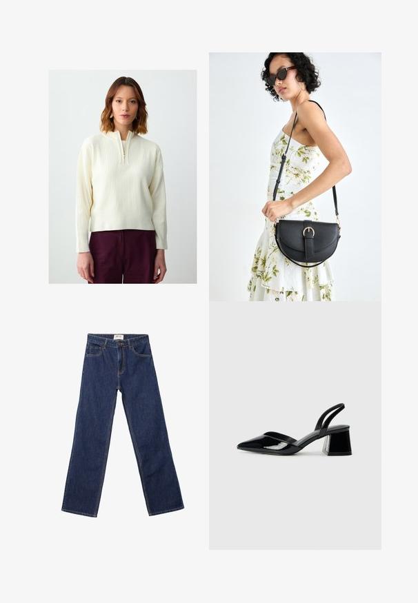 Pullover a coste color crema con zip frontale a un quarto, maniche lunghe e vestibilità rilassata. Abbinato a pantaloni bordeaux scuro.; Jeans dritti blu scuro con tasche frontali, passanti per cintura e chiusura con bottone.; Décolleté in vernice nera con punta affusolata e tacco in geometria cubica. Presentano un design elegante e minimalista, con una texture liscia.; Borsa a tracolla nera in pelle con una forma curva, manico rimovibile e accessori dorati. La borsa presenta una patta con un dettaglio a fibbia.