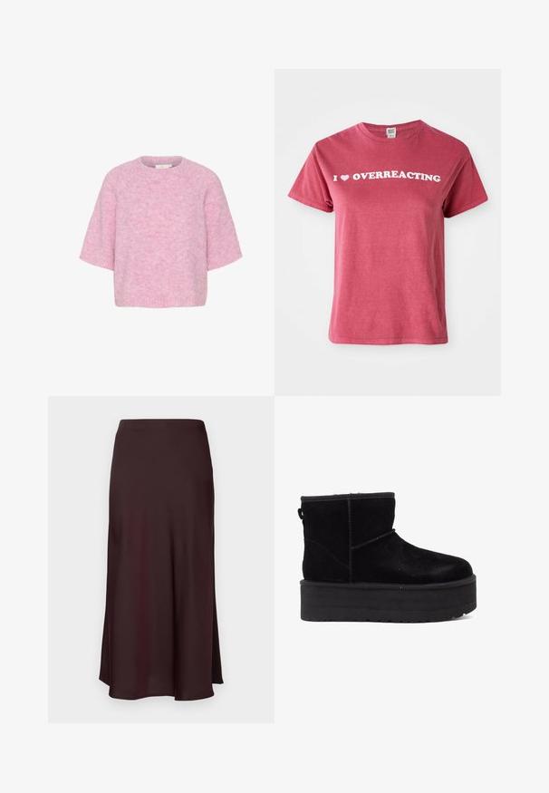 Roze gebreide trui met korte mouwen, ronde hals en een zachte, pluizige textuur. Heeft een ontspannen, boxy pasvorm en naadloze constructie.; Bordeaux katoenen T-shirt met korte mouwen, voorzien van witte tekst die "I ♥ OVERREACTING" op de borst zegt. Eenvoudig ontwerp met ronde hals.; Bordeaux satijnen midi rok met een gladde textuur, een rechte pasvorm en een iets uitgevoerde zoom. Geen zichtbare patronen of hardwaredetails.; Zwarte suède enkellaarzen met een dikke platformzool en een zachte voering. Afgewerkt met stikselaccenten en een achterste looplip voor eenvoudig aan- en uittrekken.