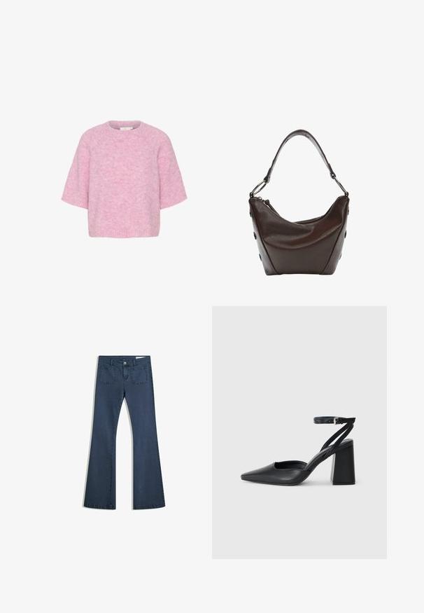 Rózsaszín kötött pulóver rövid ujjakkal, kerek nyakkal és puha, bolyhos textúrával. Lazán illeszkedő, dobozos fazonja van, és varrás nélküli kivitelezés jellemzi.; Sötétkék, bőszárú farmernadrág, varrott zsebekkel, gombos záródással és sima felülettel. Klasszikus ötpocket dizájnnal rendelkezik.; Fekete bőr, hegyes orrú magassarkú cipő boka pánttal és vastag sarokkal. Sima textúra, elegáns dizájn és minimális esztétika.; Sötétbarna bőr kézi táska ívelt formával, cipzáras záródással és rövid fogantyúval. Fém kiegészítőkkel és dekoratív fekete gombokkal rendelkezik az oldalon.