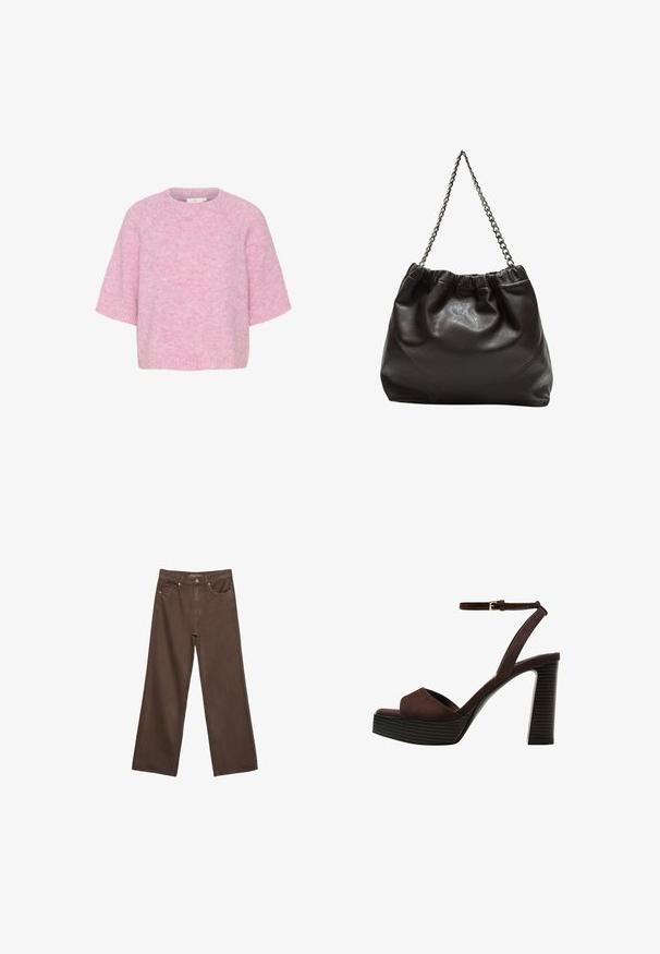 Rosa gestrickter Pullover mit kurzen Ärmeln, rundem Halsausschnitt und einer weichen, flauschigen Textur. Besitzt eine lässige, kastige Passform und nahtlose Verarbeitung.; Weite braune Jeans aus Denim, mit hoher Taille, Fronttaschen und klassischem Knopfverschluss. Glatte Textur mit feinen Nähten.; Braune Wildleder-Pumps mit offenem Zeh, verstellbarem Knöchelriemen und gestreiftem Plateausohlen.; Braune Lederhandtasche mit gerafftem Oberteil und Kettenriemen. Glatte Textur mit glänzendem Finish und subtilen Nahtdetails an den Seiten.