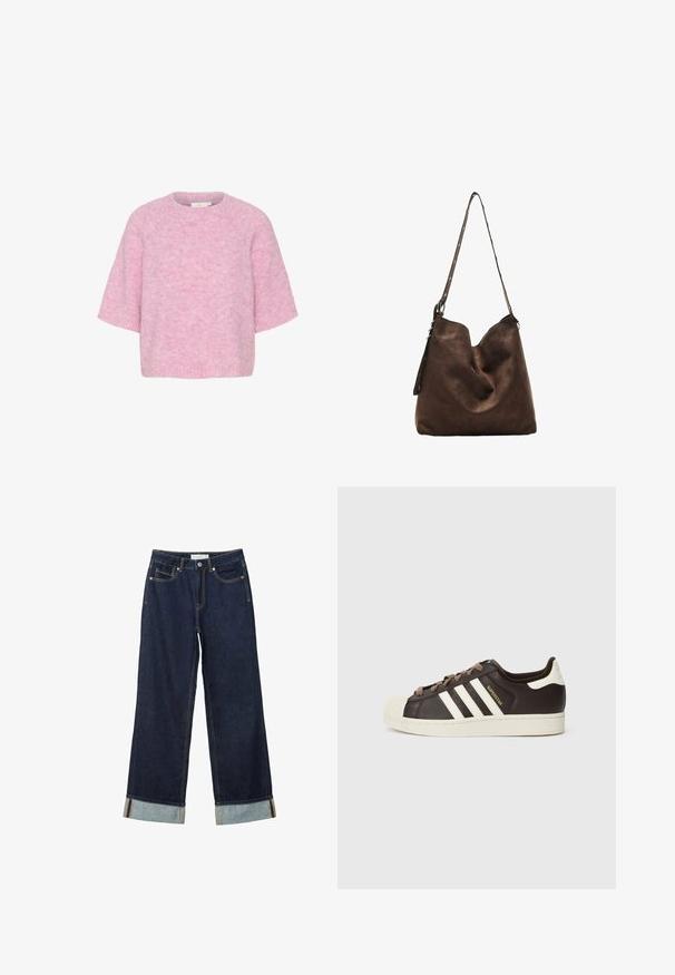 Vaaleanpunainen neulepaita lyhyillä hihoilla, pyöreällä kaula-aukolla ja pehmeällä, karhealla tekstuurilla. Ominaisuuksina rento, laatikkomainen istuvuus ja saumaton rakenne.; Tummansinisiä leveälahkeisia farkkuja, joissa on korkea vyötärö, käännetyt lahkeet, kontrastiväriset ompeleet ja viisi taskua. Valmistettu denim-kankaasta.; Matala Adidas Superstar -tennari tummanruskeasta nahasta, jossa on kermahtava kuorikärki, valkoiset raidat ja "Superstar"-teksti sivussa.; Ruskea mokkanahkainen hobo-laukku, jossa on kaareva yläosa, pitkä hihna, jossa on pistekoristeet, ja pehmeä pinta. Ominaisuuksiin kuuluu rento muotoilu, joka sopii arkikäyttöön.