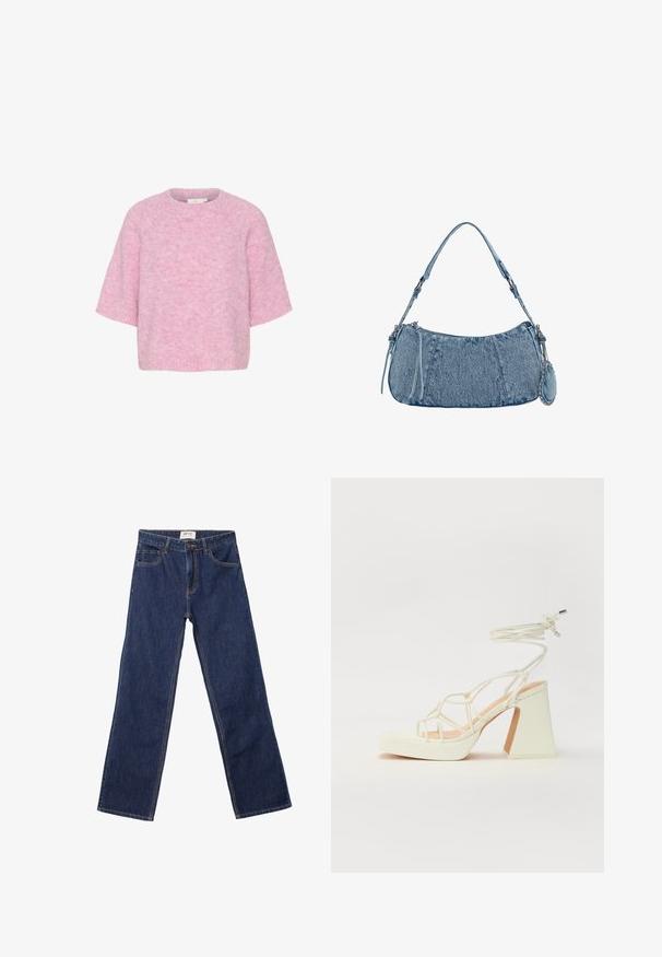 Rosa gestrickter Pullover mit kurzen Ärmeln, rundem Halsausschnitt und einer weichen, flauschigen Textur. Besitzt eine lässige, kastige Passform und nahtlose Verarbeitung.; Dunkelblaue gerade Jeans mit Fronttaschen, Gürtelschlaufen und einem Knopfverschluss.; Weiße High-Heel-Sandale mit einem klobigen Absatz, die über ein Riemchendesign und ein Knöchelband verfügt. Glatte Textur mit einer Plattform vorne für zusätzliche Höhe.; Denim-Handtasche mit geschwungener Form, hellblauer Farbe, verstellbarem Schultergurt und einem kleinen abnehmbaren Täschchen mit metallischen Akzenten.