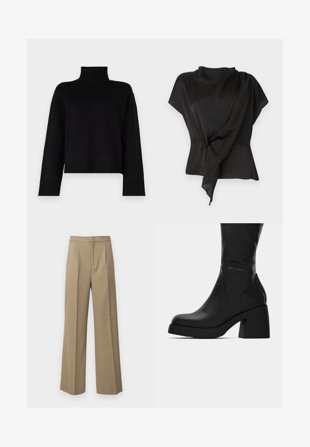 Schwarzer, kurz geschnittener Rollkragenpullover aus einem weichen Strickstoff. Hat lange Ärmel und gerippte Akzente an den Bündchen und am Saum.; Schwarze Bluse aus glattem Stoff, mit einem drapierten Design und einem geknoteten Detail in der Taille sowie kurzen Ärmeln.; Beige weite Hosen aus einem strukturierten Stoff. Mit vorderen Falten und einem flachen Bund. Keine sichtbaren Verschlüsse oder Taschen.; Schwarze Lederstiefelette bis zur Mitte der Wade mit kräftigem Blockabsatz und runder Zehenpartie, seitliche Ansicht auf weißem Hintergrund.