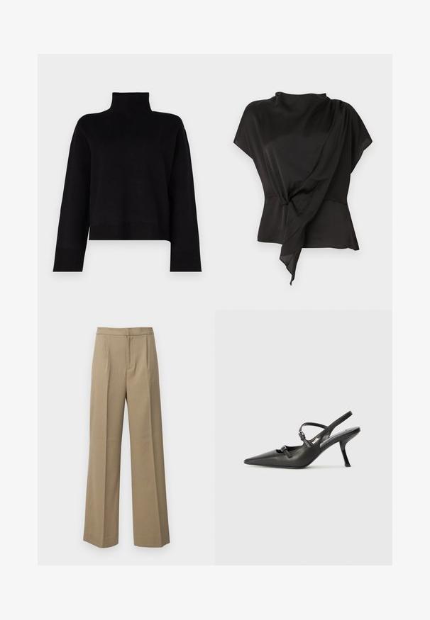 Pull ras du cou noir, court, en tricot doux. Il dispose de manches longues et d'accents côtelés aux poignets et à l'ourlet.; Blouse noire en tissu lisse, présentant un design drapé avec un détail noué à la taille et des manches courtes.; Pantalons larges beige en tissu texturé. Avec des plis sur le devant et une taille plate. Pas de fermetures ni de poches visibles.; Talons slingback en cuir noir avec un bout pointu, un talon fin et un détail de boucle décorative sur le vamp. Texture lisse et design épuré.