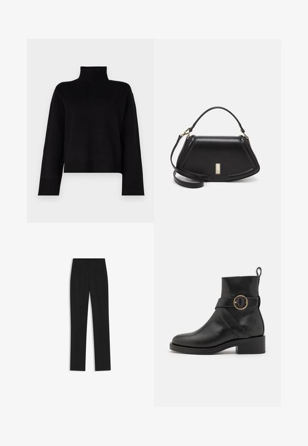 Black, cropped turtleneck sweater made of a soft knit fabric. Features long sleeves and ribbed accents at the cuffs and hem.; Black tailored trousers with a straight-leg design, featuring front pockets and a smooth, textured fabric. Neat, minimal detailing.; BOSS IRYNA BOOTIE - Platform ankle boots - black; Black leather handbag with a structured design, featuring a cropped shape, top handle, and gold hardware accent. Adjustable shoulder strap included.