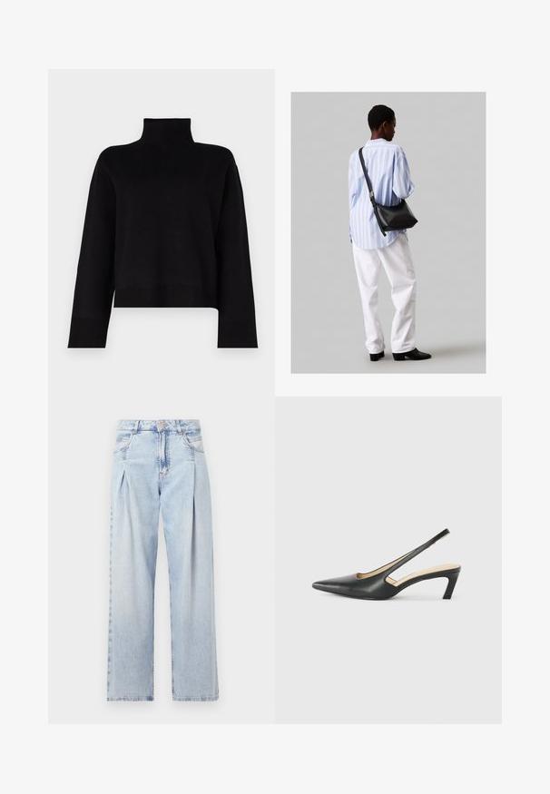 Schwarzer, kurz geschnittener Rollkragenpullover aus einem weichen Strickstoff. Hat lange Ärmel und gerippte Akzente an den Bündchen und am Saum.; Helle blaue Denim-Jeans mit hoher Taille, weitem Beinschnitt, zwei seitlichen Taschen und gefaltetem Design. Weiche Textur mit einem ausgebleichten Finish.; Schwarzer spitz zulaufender Slingback-Schuh mit niedrigem Absatz, der aus glattem Leder gefertigt ist und seitliche Ausschnitte für Atmungsaktivität aufweist.; Schwarze Leder-Umhängetasche mit weicher Textur, dreieckiger Form und verstellbarem Tragegurt, kombiniert mit einem hellblauen gestreiften Hemd und weißen Hosen.