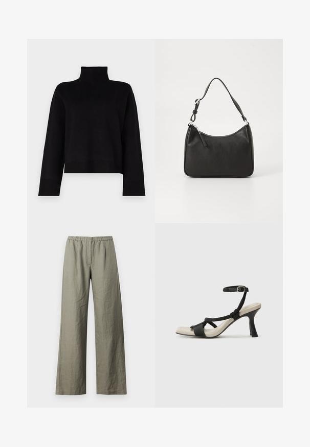 Suéter preto de gola alta, cropped, feito de um tecido tricotado suave. Apresenta mangas longas e acabamentos em canelado nos punhos e na bainha.; Samsøe Samsøe SATOVE TROUSERS - Calças - vetiver; Sandal com salto alto preto e design de tiras trançadas, bico quadrado e tira de tornozelo ajustável. Sola em tom bege claro com um salto preto brilhante.; Mala de mão em couro preto com formato curvo, uma alça, fecho em zip e uma marcação discreta na frente. Textura suave, design minimalista.