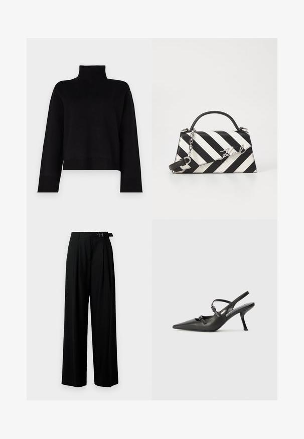 Fekete, rövidített garbós pulóver puha kötött anyagból. Hosszú ujjak és bordázott részletek a mandzsettán és az alján.; Fekete, bő szárú nadrág magas derékkal, elöl pliszírozva, és csattal ellátott övvel. Simább, könnyű anyagból készült.; Fekete bőrszíjjal ellátott magassarkú cipő, hegyes orral, karcsú sarkával és díszes csattal a vamp részén. Simás textúra és elegáns dizájn.; Fekete-fehér csíkos kézitáska, strukturált formával, felső fogantyúval, leválasztható lánc pánttal és fémes logóval.