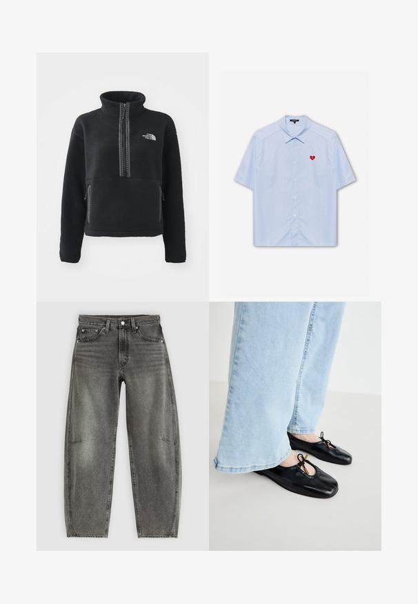 Sudadera de polar negra con cuello alto, cremallera hasta el cuarto, bolsillo delantero y costuras de contraste. Presenta el logotipo de The North Face en el pecho.; Camisa de botones de manga corta en tejido a rayas azul claro, con un parche de corazón rojo en el lado izquierdo del pecho. Cuello clásico y corte relajado.; Jeans de mezclilla gris deslavado de cintura alta con cinco bolsillos, cierre de botón y un corte recto relajado.; Bailarinas de cuero negro con punta redonda, que presentan un corte y un detalle de lazo, utilizadas con jeans de pierna ancha azul claro.