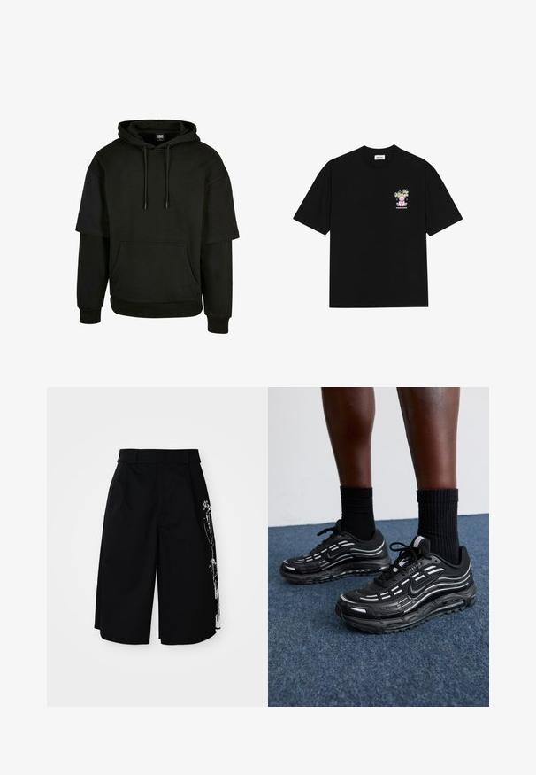 Felpa nera con cappuccio, tasca a marsupio, cappuccio con cordini e maniche corte con elementi di design allungati. Realizzata in un tessuto morbido e testurizzato.; T-shirt nera in cotone con una grafica colorata sul lato sinistro del petto, che raffigura un orsetto e un testo stilizzato, con maniche corte e collo rotondo.; Shorts neri in cotone con una vestibilità rilassata, gamba dritta e una particolare stampa grafica bianca su un lato. Doppie passanti per la cintura.; Le scarpe Nike nere presentano una tomaia in mesh con strisce a contrasto, lacci testurizzati e una suola in gomma nera. Indossate con calze nere a costine.