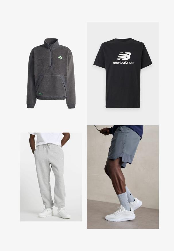 Sivi dukserica od flisa s patentnim zatvaračem na vratu, prednjim džepovima i zelenim logotipom. Ima rebraste manžetne i teksturirani materijal.; Crni pamučni T-shirt s bijelim New Balance logom i grafičkim dizajnom na prednjoj strani. Kratki rukavi i okrugli izrez.; Muškarac u svijetlosivim trenirka s vezicom i bijelim tenisicama, stoji s rukama u džepovima na bijeloj pozadini.; Bijele sportske tenisice s teksturiranim mrežastim gornjim dijelom, uparene s svijetlo plavim rebrastim čarapama s logotipom. Sive sportske šortse s perforiranim rubom.