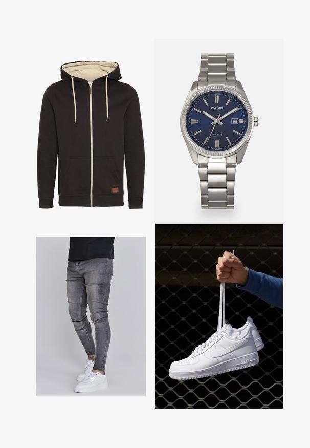 Hoodie zippé noir avec intérieur beige. Comprend une capuche à cordon, des poches avant et un patch logo en cuir marron. Texture lisse.; Jeans skinny en denim gris délavé, présentant des détails déchirés au niveau des genoux, associés à des sneakers blanches. Texture lisse, design ajusté.; Baskets en cuir blanc avec perforations, à bout rond, semelle plate et lacets épais, arborant un logo swoosh visible et "AIR" sur le talon.; Montre-bracelet en acier inoxydable argenté avec un cadran bleu marine, des index métalliques et un affichage de la date à 3 heures. Résistante à l'eau jusqu'à 50 mètres.