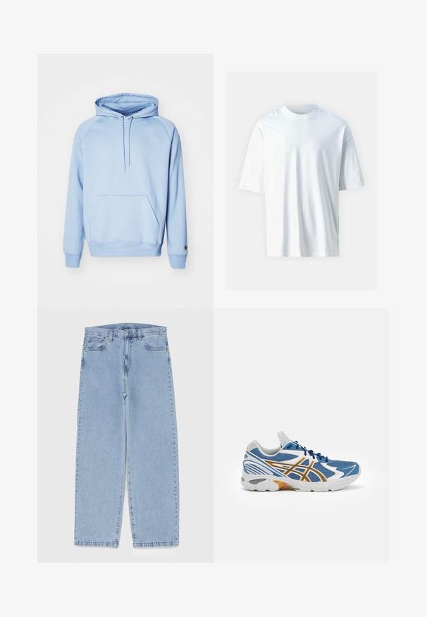 Hanorac albastru deschis din material moale, cu un buzunar frontal, glugă cu șnur și manșete ondulate. Textură netedă și design simplu.; Tricou alb cu mânecă scurtă, fabricat din bumbac moale. Are un guler rotund, croială lejeră și o textură netedă. Fără modele sau accente vizibile.; Jeans din denim de culoare albastru deschis, cu un design cu picioare drepte, având talie medie, cinci buzunare și un sistem de închidere cu nasture și fermoar.; Pantof sportiv albastru cu parte superioară din plasă, accente albe și portocalii, talpă intermediară cu amortizare și talpă exterioară din cauciuc texturat. Dispune de un design cu șireturi.