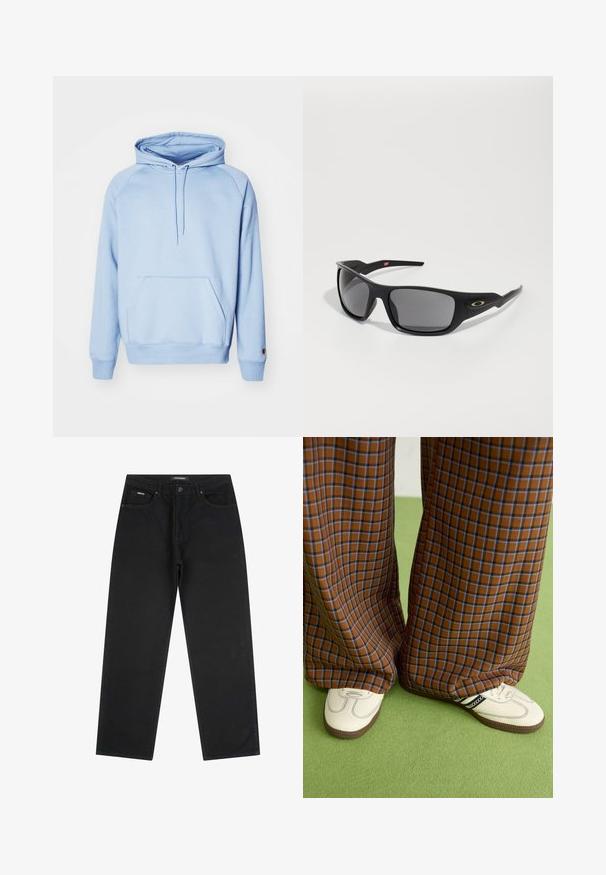 Helleblaue Kapuzenjacke aus weichem Stoff, mit einer Fronttasche, einer verstellbaren Kapuze und gerippten Bündchen. Glatte Textur und schlichtes Design.; Schwarze gerade geschnittene Jeans mit vorderem Knopf und Reißverschluss, Gürtelschlaufen und Fünf-Taschen-Design, auf einem weißen Hintergrund flach ausgelegt.; Braun und blaue Karohosen mit weitem Bein, kombiniert mit weißen Schuhen mit schwarzen Akzenten und strukturierten Sohlen, vor einem grünen Hintergrund.; Schwarze Sonnenbrille mit rechteckiger Form, aus robustem Kunststoff gefertigt, mit grauen getönten Gläsern und einem goldenen Akzent an der Seite.