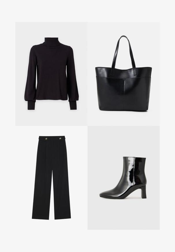 VILA VIAMANDA TURTLE NECK - Pulover - black; Črne široke hlače s visokim pasom, gumbnimi detajli na pasu in sprednjimi gubami.; Črne lakirane gležnjarje z ošiljenim nosom in srednje visokim blokastim peto. Gladka tekstura in minimalističen dizajn.; Črna usnjena torba z dvema dolgima ročajema, gladko teksturo in strukturirano obliko. Ima sprednji žep za dodatno shranjevanje.