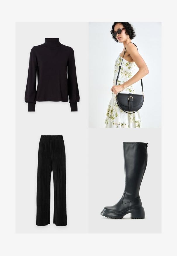 VILA VIAMANDA TURTLE NECK - Pulóver - black; Fekete pliszírozott nadrág gumis derekkal. Széles lábakkal rendelkezik, sima, texturált anyagból készült, függőleges csíkokkal.; Magas fekete bőrcipő, vastag platform talppal és blokk sarokkal, húzófüllel és texturált profillal az outsole-on.; Fekete bőrtáska ívelt formával, levehető pánttal és arany színű fémrészekkel. A táskán egy csattal díszített fedél található.